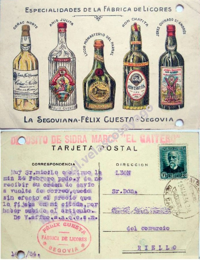 Tarjeta con la propaganda de Licores Cuesta, de Segovia.