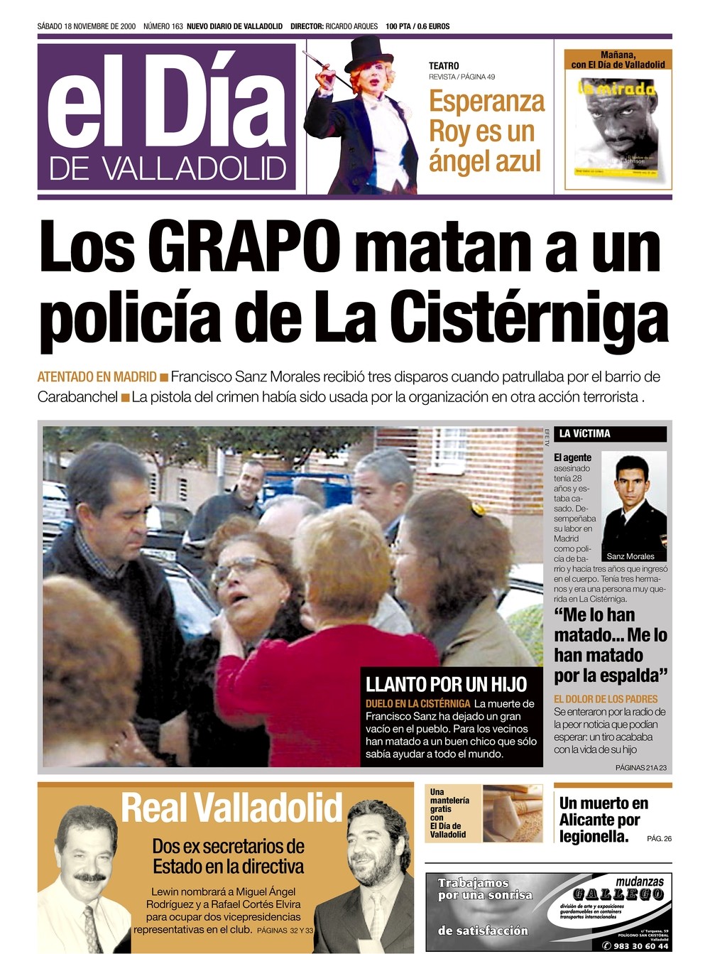 Portada de El Día de Valladolid informando del atentado 