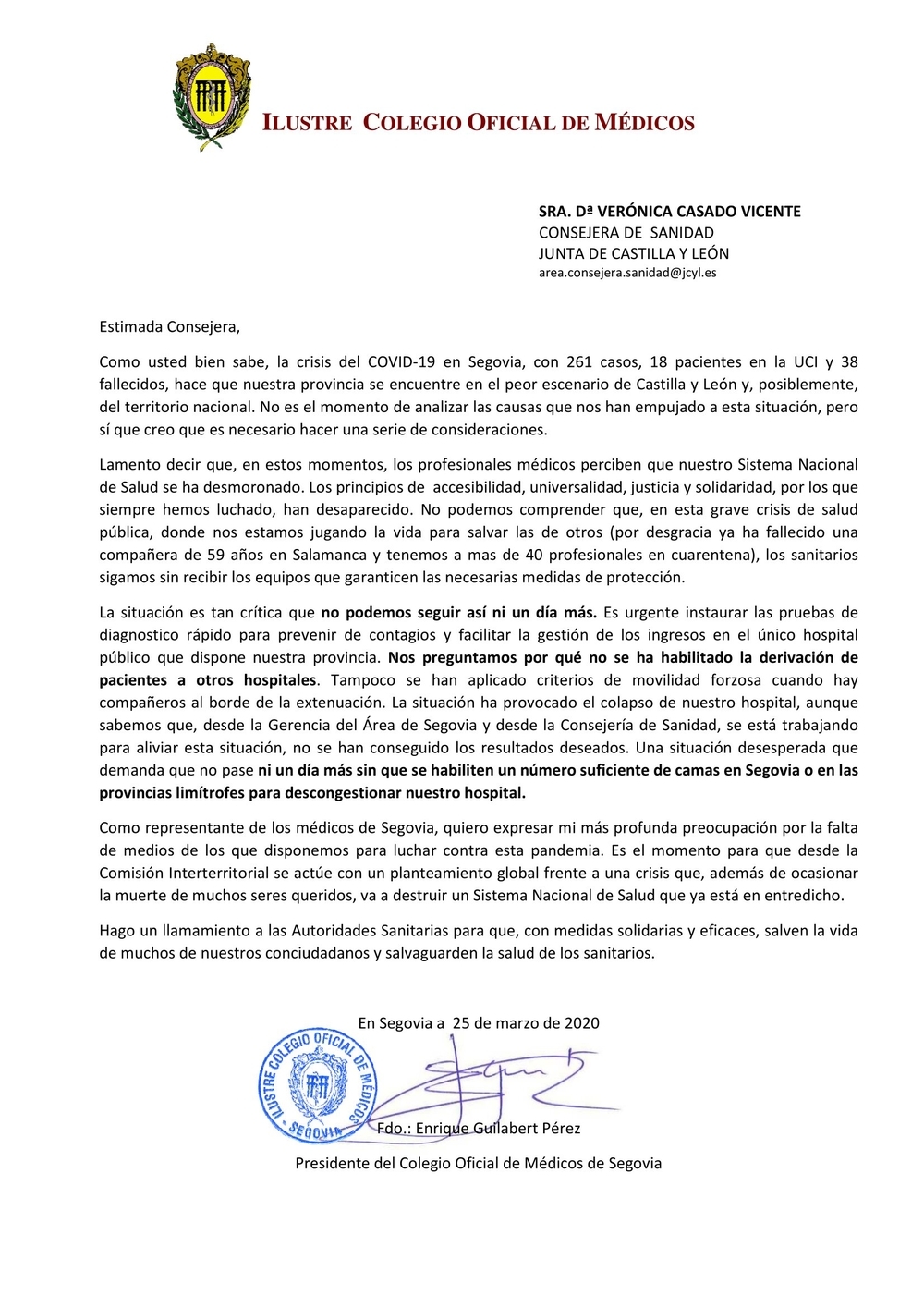 Carta remitida hoy por el presidente del Colegio de Médicos de Segovia a la consejera de Sanidad.