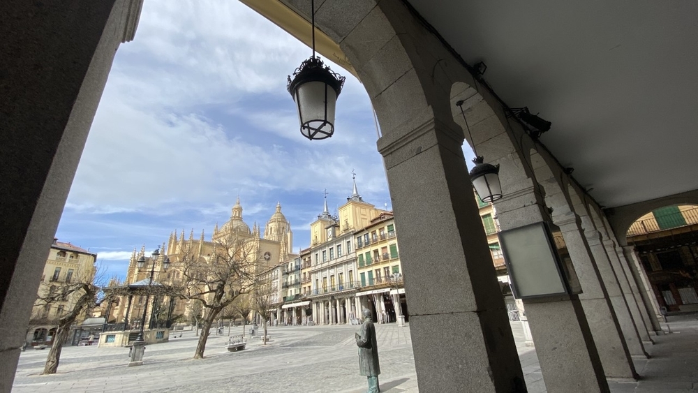 La Plaza Mayor, vacía, el pasado Domingo de Ramos