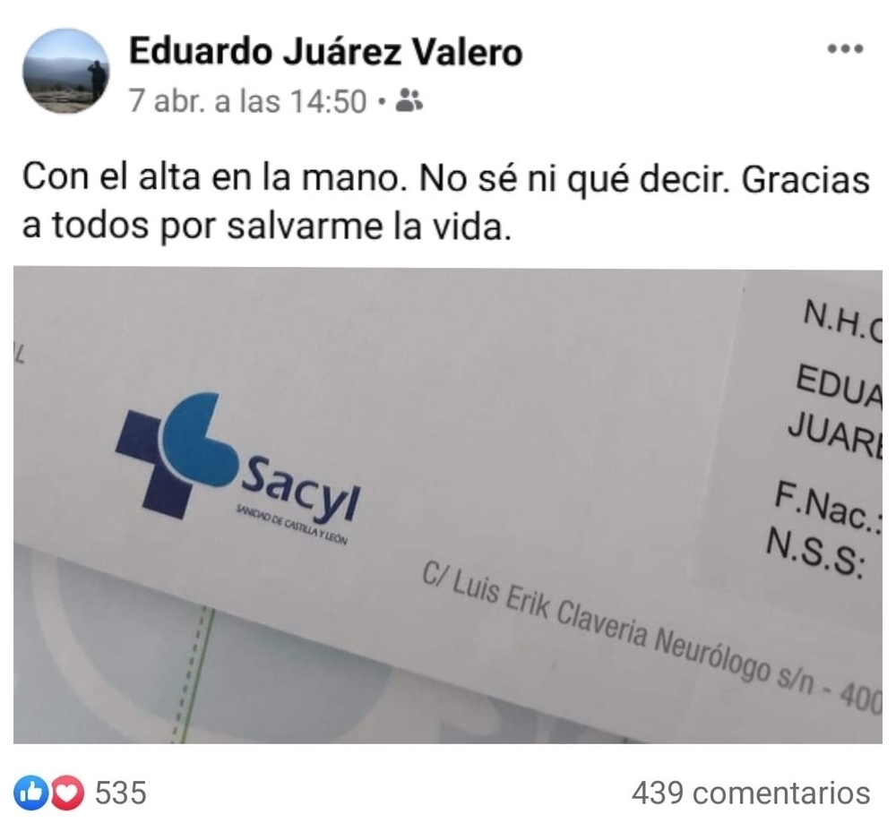 El anuncio del alta hospitalaria de Eduardo Juárez en la red social facebook.