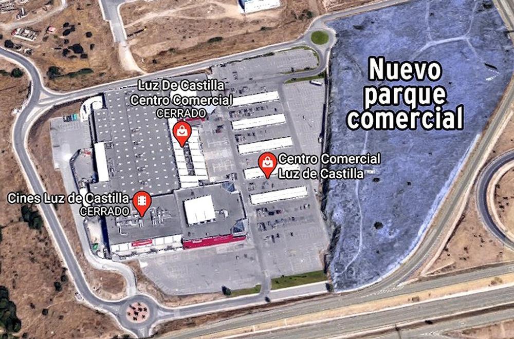 Vista aérea de Google Maps donde se marca la zona en la que se prevé el parque comercial.