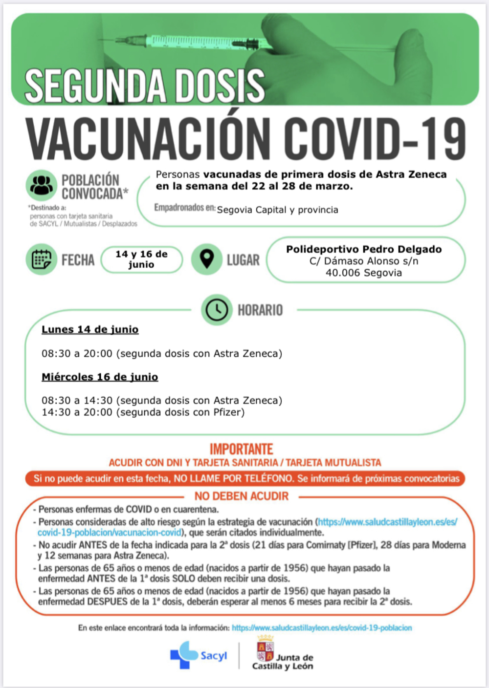 Días y horarios para vacunarse la próxima semana en Segovia