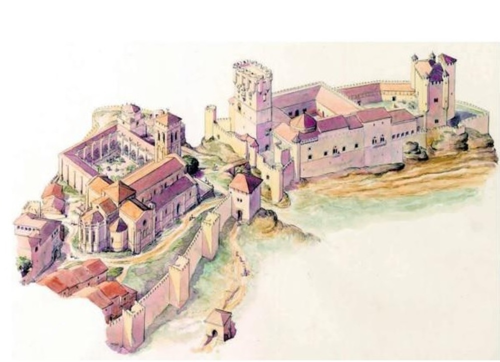 Dibujo que recrea el aspecto que presentaba la plaza a principios del siglo XVI, con la catedral vieja y otras construcciones. 