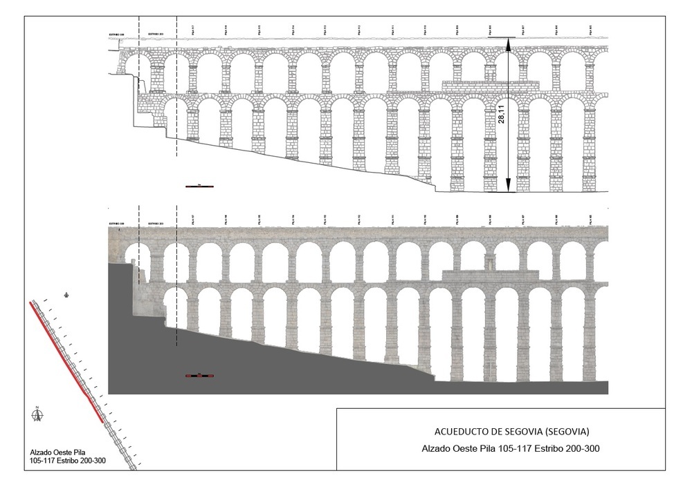 Plano de alzado de una parte del tramo monumental del acueducto.