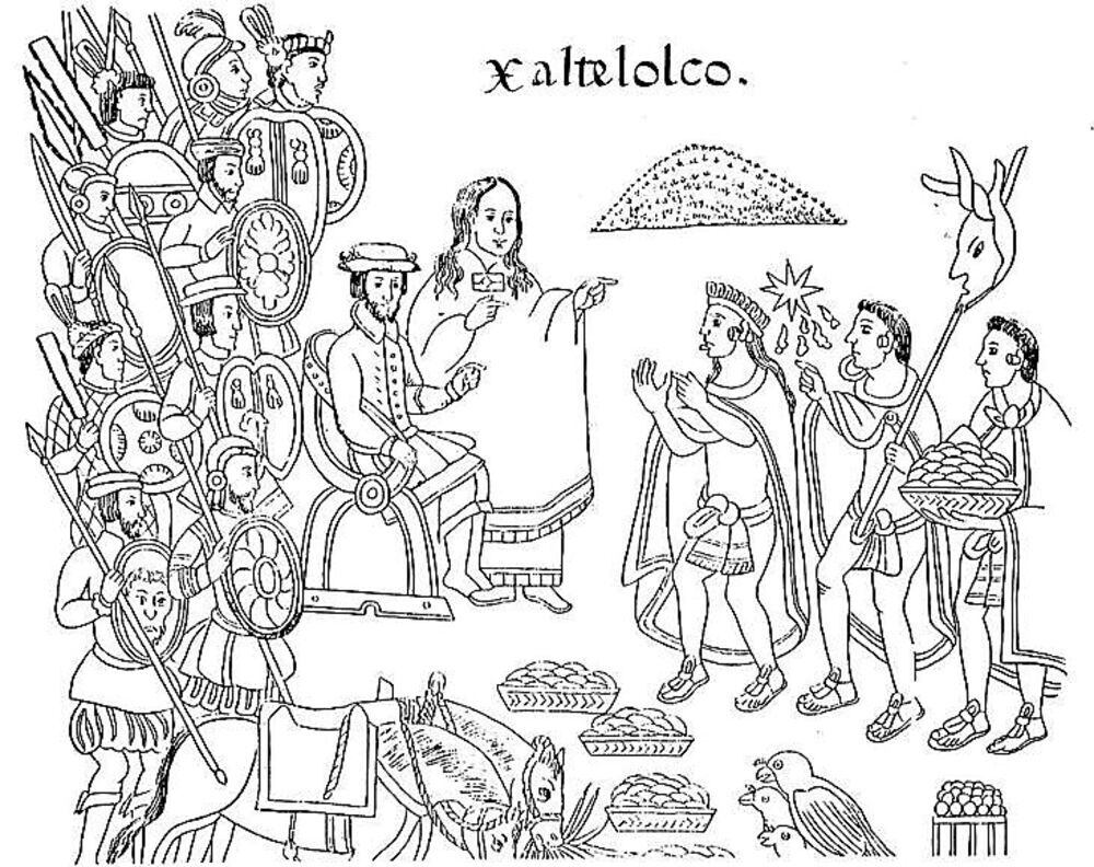  Lienzo en el que se ve a La Malinche traducir la lengua de los mexicas a Cortés. 